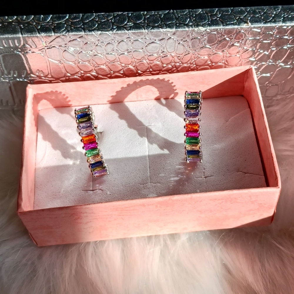 Multicolored Silver Hoop Earrings - Picture 5 of 10